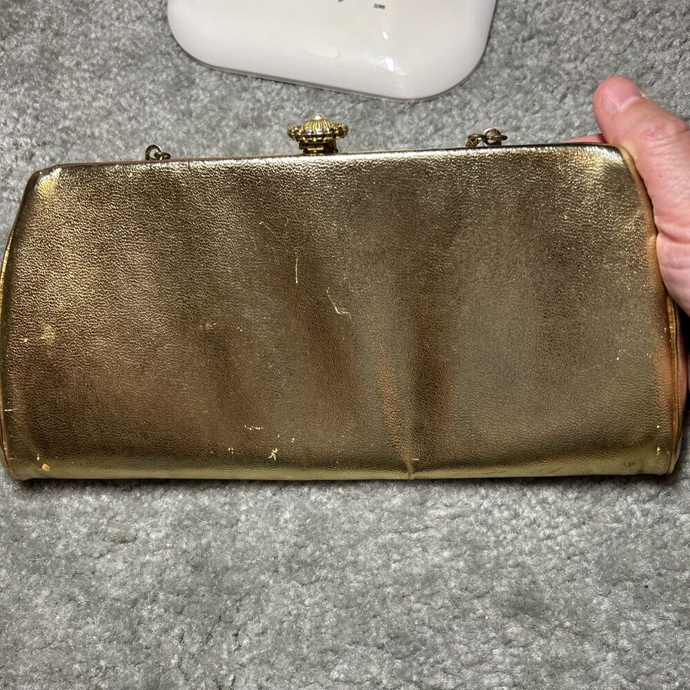 Vintage Gold Metallic Clutch Purse Evening Bag Chain Strap Satin Lined 50’s 60’s - Picture 6 of 16
